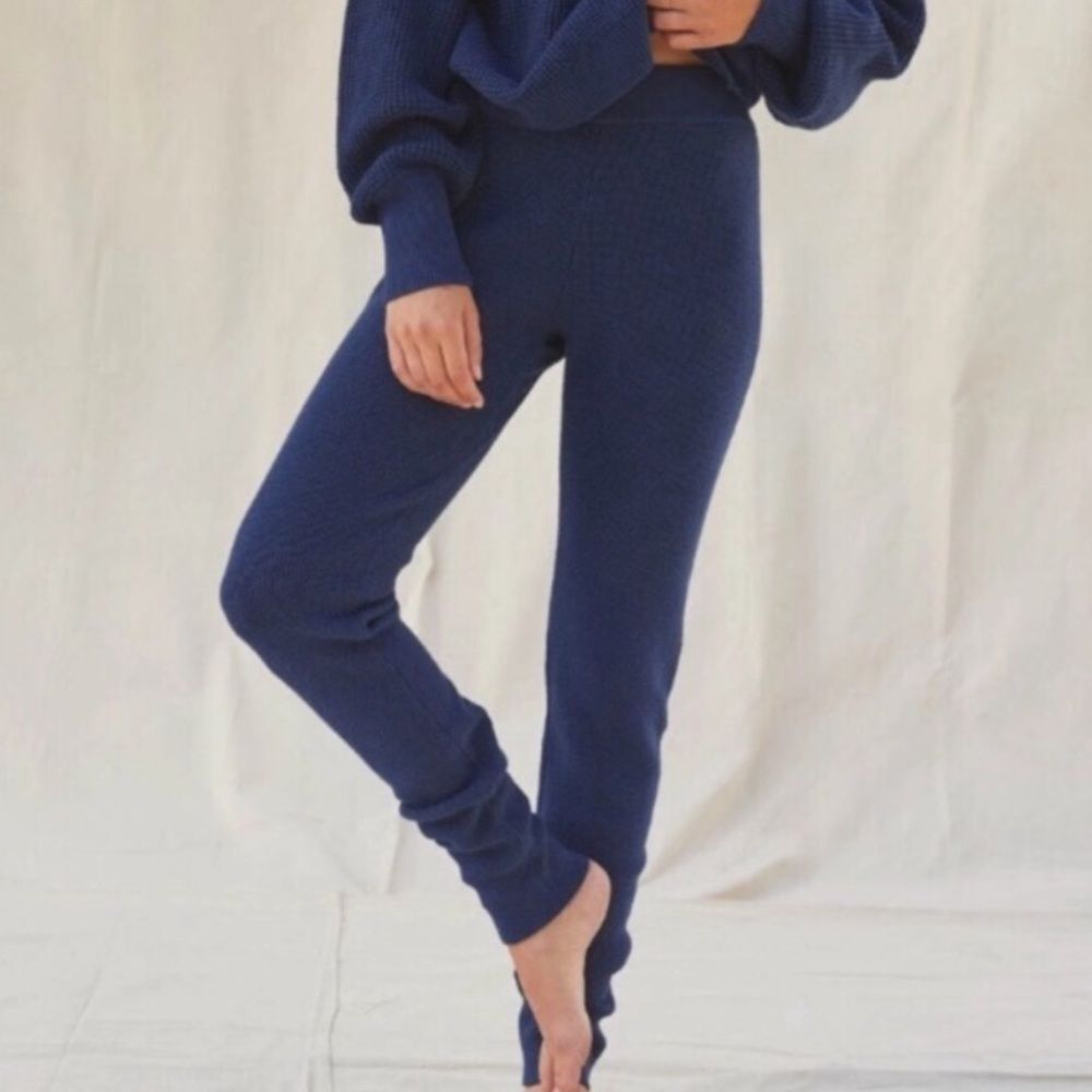 Lunya Cozy Cotton Silk Waffle Knit Slim Lounge Pants in Navy Blue Size Large
